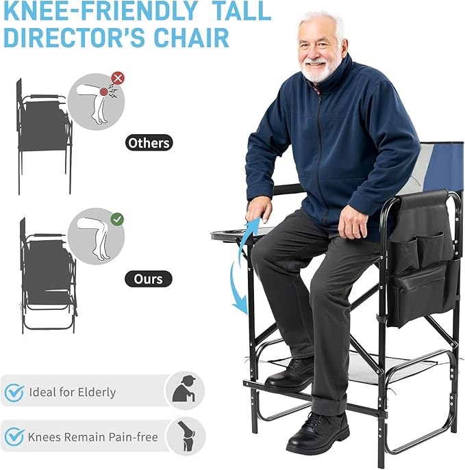 Outvita 2 Piece 31" Tall Directors Chair Height Seat Folding with Side Table Storage Bag, Support for 300Lbs Portable Makeup Artist Chair with Bar Height(Blue/Grey)