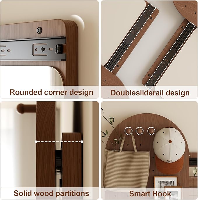 KungFuWood Full Length Mirror with Shelf and Hooks,Entry Way Mirrors for Wall,Wall Mirror with Shelf,Wall Mirror with Storage Multifunctional Design Panel,Living Room (Deep Walnut, 52.4" L x 19" W)