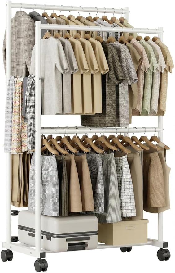 Clothes Rack 36.2" x 21.3" x 72", 4-Bar Double Rod Rolling Metal Clothing Rack for Hanging Clothes, Portable Garment Rack with Wheels for Bedroom Laundry, Closet Wardrobe, White