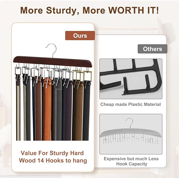 Belt Hanger for Closet Max 42 Belts, Sturdy Wood Belt Rack Closet Accessories with 14 Hooks Belt Organizer for Closet Organizers and Storage -Black 1 Pack