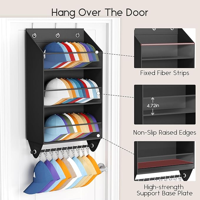 Homsorout Over the Door Hat Rack - 3-Layer Design Hat Organizer Holds 30-36 Hats with 10 Hooks, Ideal Hat Rack for Door, Over the Door Organizer for Closet, Apartment, Bedroom, Dorm, 2 Pack, Black