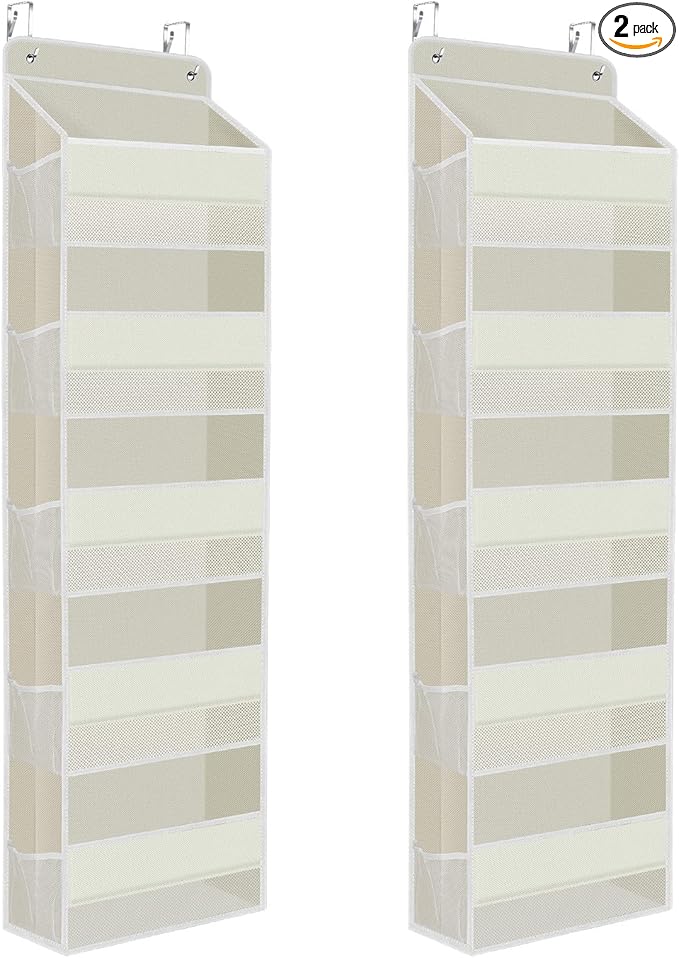 SpaceHacks 2 Pack Over The Door Organizer, Hanging Storage Organizer with Clear Window, 40lb Ultra Sturdy Large Capacity Room Organizer for Pantry Laundry Bathroom Nursery Closet (Beige)