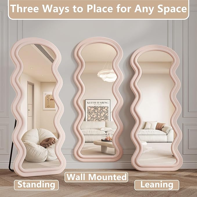 Wavy Full Length Mirror, 63"x24" Flannel Mirrors Full Length with Stand, Full Boby Mirrors for Bedroom, Living Room, Cloakroom, Hanging Leaning Wall Mirror, Pink