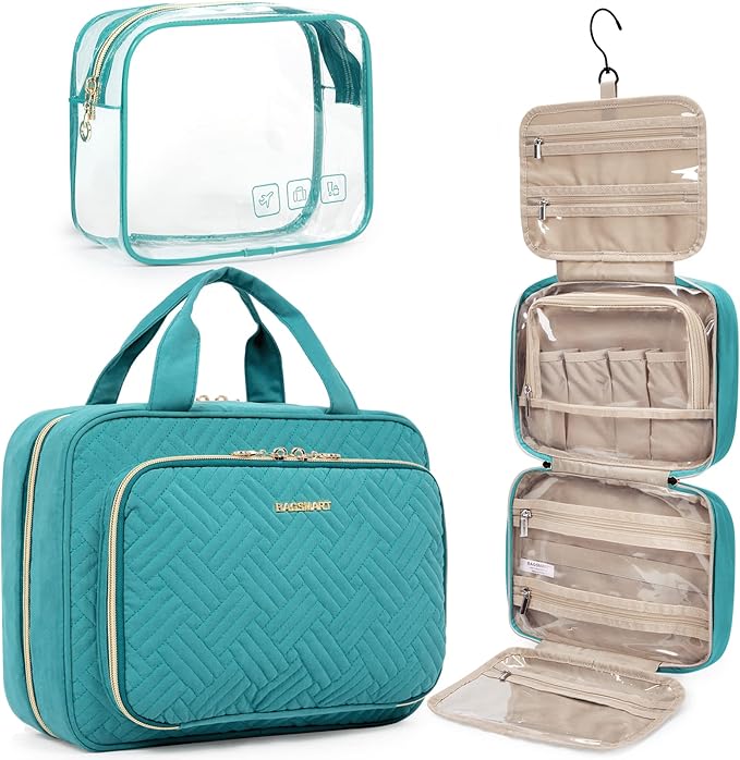 BAGSMART Toiletry Bag Hanging Travel Makeup Organizer with TSA Approved Transparent Cosmetic Bag Makeup Bag for Full Sized Toiletries, Large-Blue