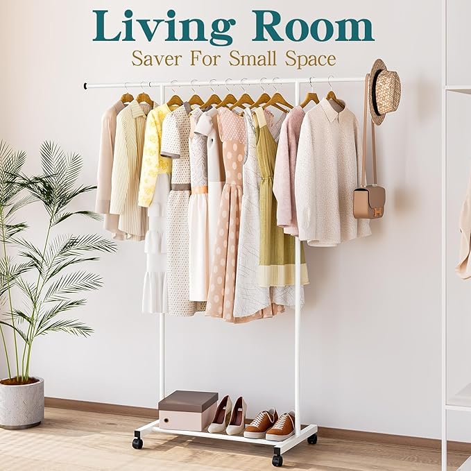 SUOERNUO Clothes Rack with Wheels Rolling Clothing Rack for Hanging Clothes, Portable Metal Garment Rack for Bedroom Laundry Living Room (White, 59.05"*15.75"*59.45")