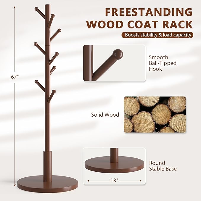 Coat Rack Freestanding Wooden Coat Tree Stand with 8 Round-tip Hooks, 3 Adjustable heights Coat Hat Rack for Entryway,Bedroom,Hallway,Office (Brown)