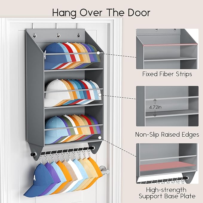 Homsorout Over the Door Hat Rack - 3-Layer Design Hat Organizer Holds 30-36 Hats with 10 Hooks, Ideal Hat Rack for Door, Over the Door Organizer for Closet, Apartment, Bedroom, Dorm, 1 Pack, Grey