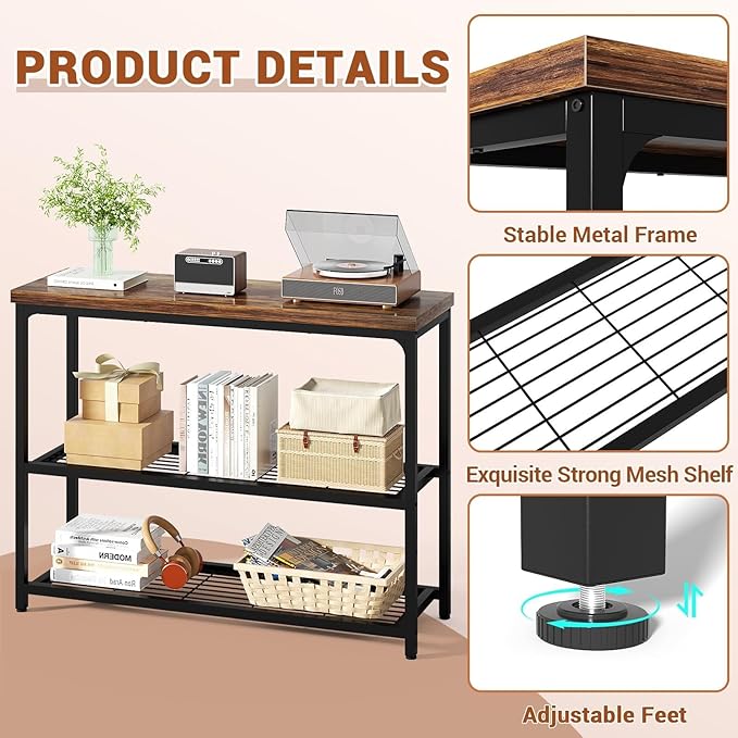Besiost 47" Console Table with 3-Tier Storage, Industrial Narrow Entryway Table, Sofa Table Behind Couch for Hallway, Foyer & Living Room, Sturdy Metal Frame, Rustic Brown