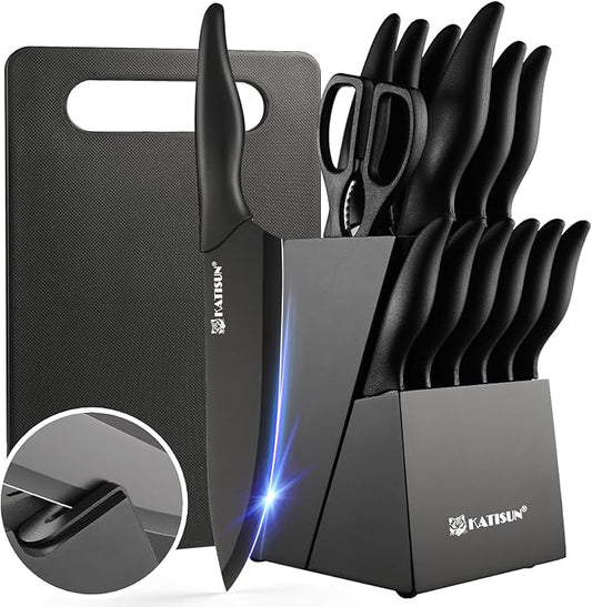 16 Pieces Kitchen Knife Block Set with Cutting Board, German Stainless Steel Knife Set with Sharpener, Dishwasher Safe, Anti-Slip Handle, 6 Steak Knives, Black