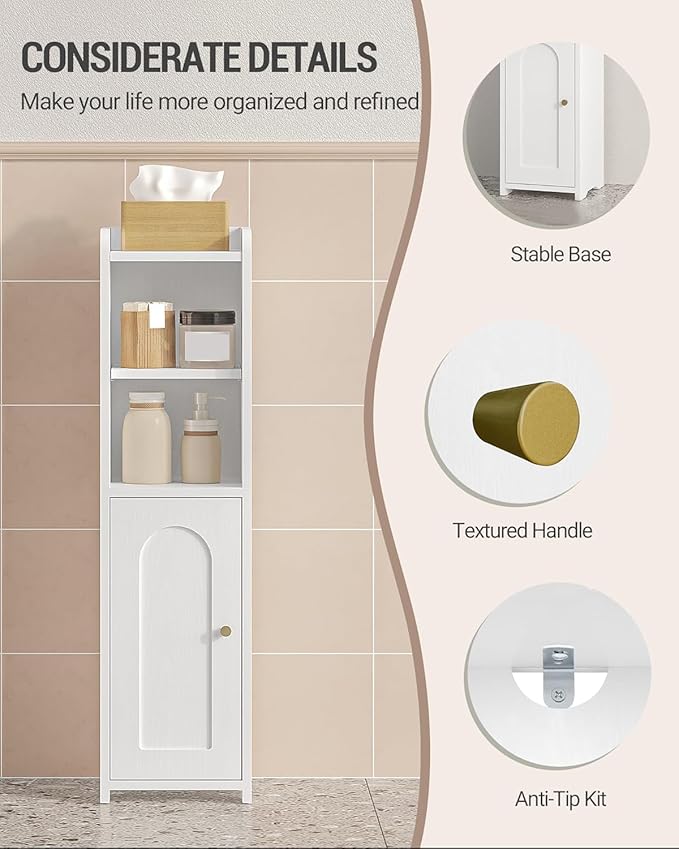 Hzuaneri Bathroom Storage Cabinet, Small Corner Floor Cabinet with Doors and Adjustable Shelf, Narrow Toilet Paper Cabinets, Bathroom Organizer for Small Spaces, White BC19703X