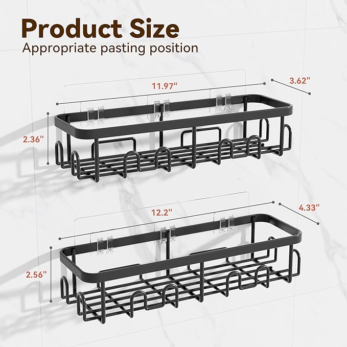 YASONIC Shower Caddy Adhesive 2-Pack, Rustproof Shower Organizer with Holder, No-Drill Shower Shelves for Inside the Shower, Large-Capacity Bathroom Organizers and Storage for Dorms & Renters, Black