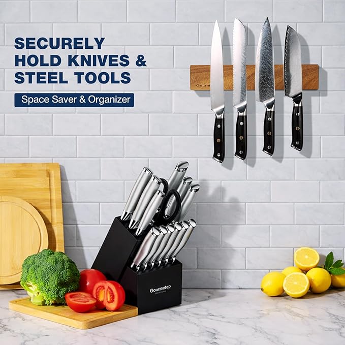 Magnetic Knife Holder for Wall, 12” Acacia Wood Magnetic Knife Strip, Knife Magnetic Strip for Fridge, Magnetic Knife Holder No Drill, Kitchen Organizer, Knife Bar with Strong Knife Magnet, Light Wood
