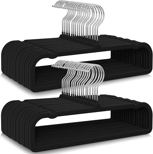 50 Pack Black Velvet Hangers Non Slip, Felt Pants Hangers Thin Space Saving Clothes Hanger Flocked Strong Durable Ganchos para Colgar Ropa with 360°Swivel Hook for Pants Jeans Shorts Skirts Tank Top