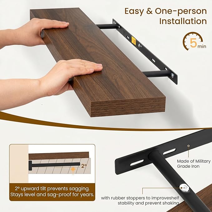 Dreamland 72Inch Floating Shelves for Wall, Rustic Wooden Walnut Floating Shelves for Living Room, Kitchen, Farmhouse, Deep Wall Mounted Book Shelf, Wood Storage Display Shelf for Home Decor, Set of 2