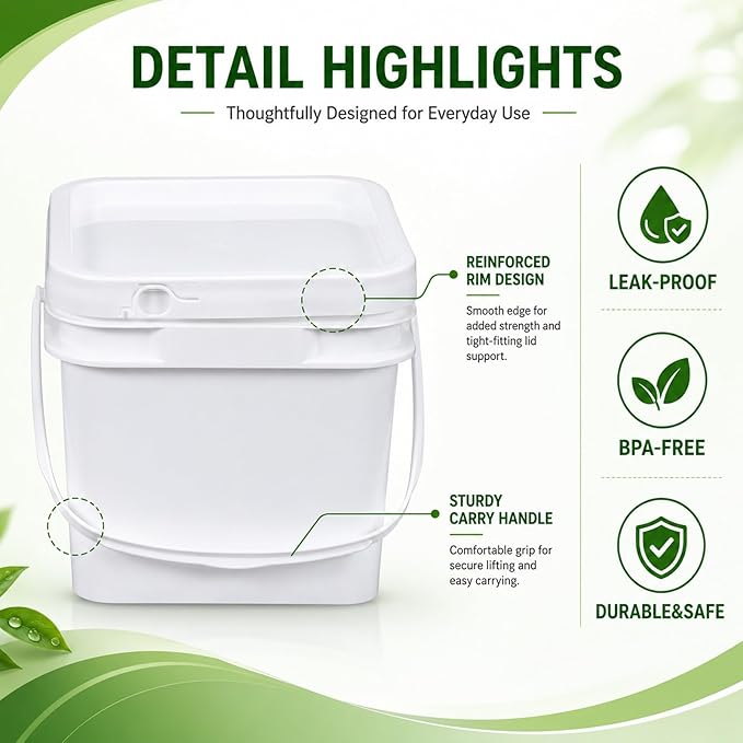DEMORA 34oz Food Grade Square Plastic Bucket with Lid, Clear Airtight Storage Pail, Reusable Container for Kitchen Food Ice Cream Household Use, 6Pcs (3 White+3 Transparent)