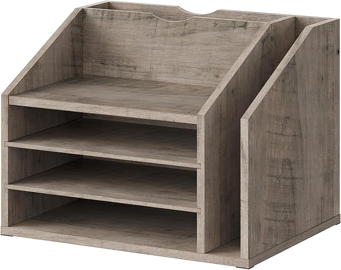 CHOEZON Wooden Desk Organizer with Adjustable Partitions, Multi-Layer Desktop File Holder for Home Office, Paper & Stationery Storage Organizer, Greige MWJ04FH