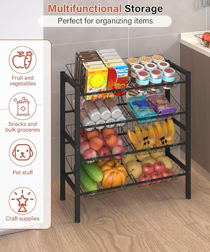 4-Tier Kitchen Storage Rack, Metal Pantry Storage Stand, Fruit Basket Stand with 8 Fruit Vegetable Baskets, Freestanding Snack Organizer Shelf Unit for Living Room, Office, Apartment, Black