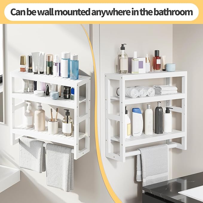 Bathroom Shelves with Hanging Bar Over Toilet Storage - Adjustable Wall Organizer (White)
