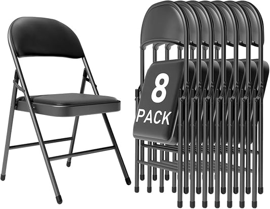 8 Pack Black Folding Chairs with Padded Cushion and Back for Outside Portable Stackable Commercial Foldable Chairs with Steel Frame for Events Office Wedding Party, 350lbs Capacity