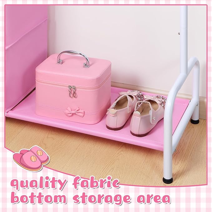 Univivi 43" Tall Kids Clothing Rack, Toddler Dress Up Storage with Hanging Organizer – Sturdy Metal Baby Closet, Space-Saving for Nursery & Bedroom, Pink/White