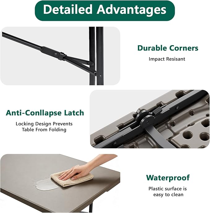 Folding Table 2 Pack, 6FT Heavy Duty Plastic Table with Handle, Foldable&Portable, Fold-in-Half Utility Tables for Outdoor, Dining, Wedding, Events, Indoor, Picnic, Camping, Party,Khaki