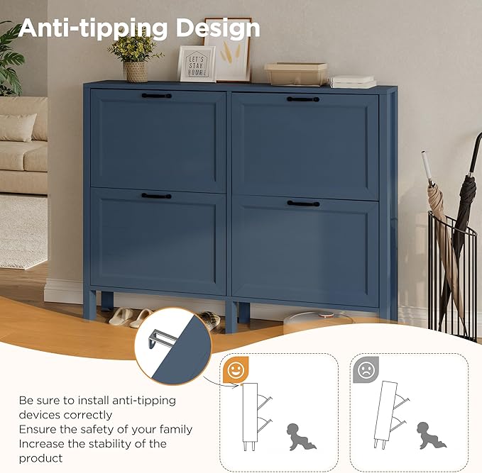 LOUVIXA Shoe Cabinet with 2 Flip Drawers, Narrow Shoe Storage Cabinet, Freestanding Shoe Cabinet Organizer, Hidden Shoe Rack Cabinet for Entryway, Hallway (4-Drawers, Blue)
