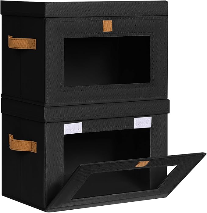 Homsorout Medium Fabric Storage bins - Closet Shelf Organizer with Open Window, 2 Pack Closet Baskets for Shelves, Stackable Decorative Boxes for Home, Dorm, Black, 13.7" x 9.8” x 9.8"