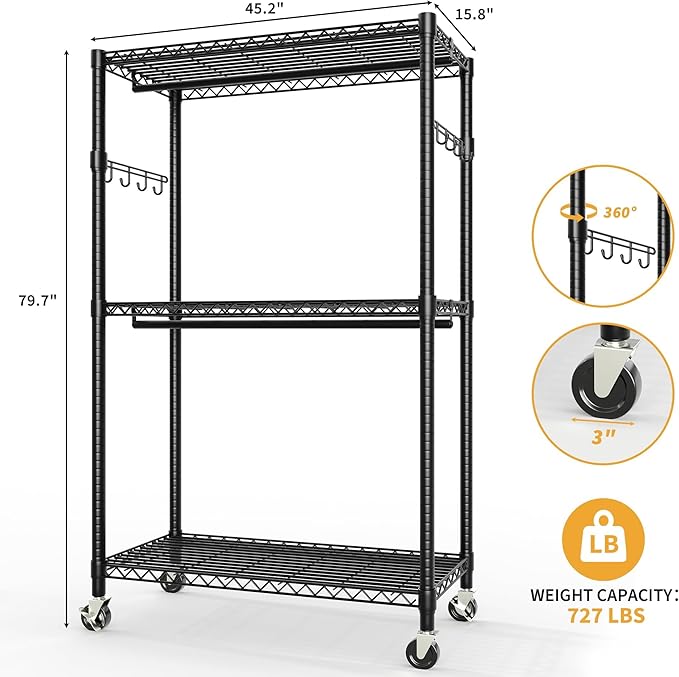 IDEALHOUSE Homdox Heavy Duty Rolling Clothing Rack, Adjustable Garment Rack with 3-Tier Storage Shelves, Freestanding Closet Organizer for Hanging Clothes, Metal Wardrobe Rack with Side Hooks, Black