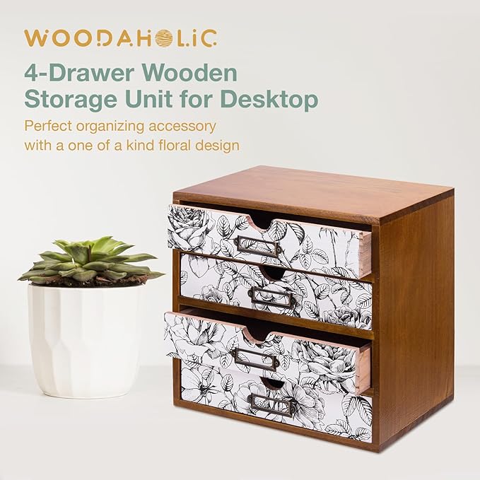 Vintage Desk Organizer with 4 Black & White Floral Drawers - Wooden Storage Shelf Drawer for Tabletop - Wood Desktop Organizing Box Cabinet - Black & White Monochrome Botanical Toile de Jouy