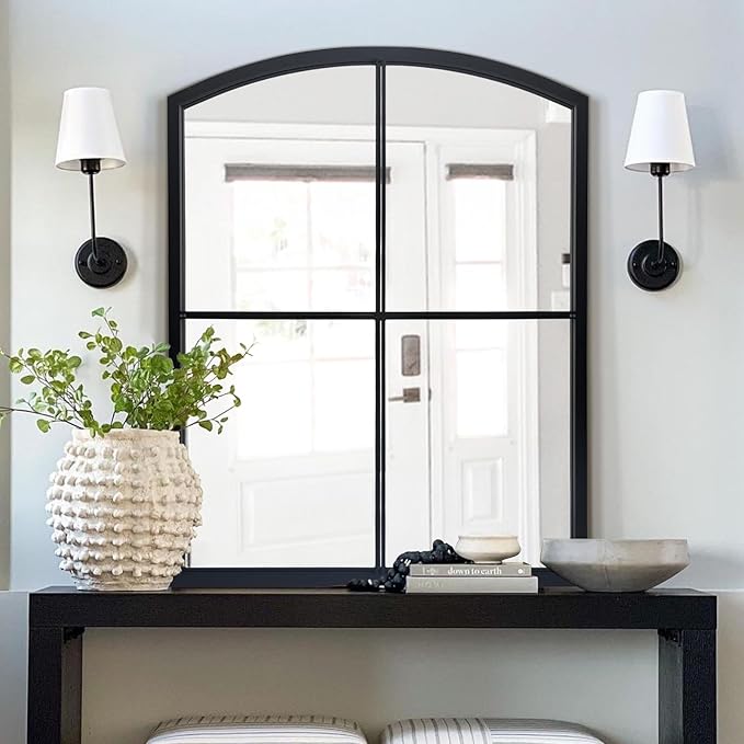 WAMIRRO Black Window Pane Mirror,Farmhouse Arched Grid Mirrors for Fireplace/Entryway/Hallway/Living Room 28"X36"