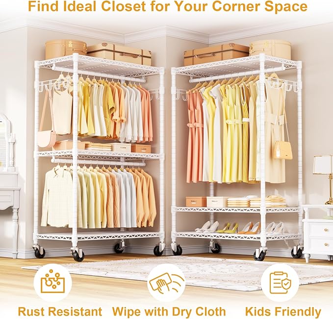 ULIFHOME P1 Rolling Clothes Rack Heavy Duty, Metal Closet Clothing Rack with Lockable Wheels, Portable Wardrobe Closet for Hanging Clothes, 35.5" W x 15.7" D x 80.5" H, Hold 500lbs, White
