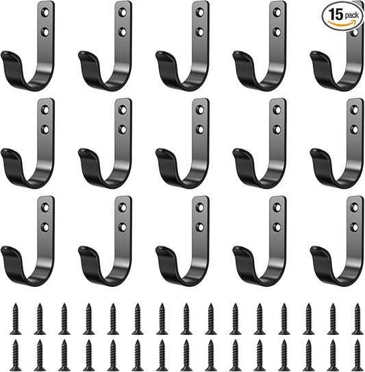15-Pack Black Metal Wall Hooks, Heavy Duty Coat Hooks Wall Mounted for Hanging, Screw in Hooks for Towel, Clothing, Robe, Single Hooks for Organization in Bathroom, Entryway, Garage