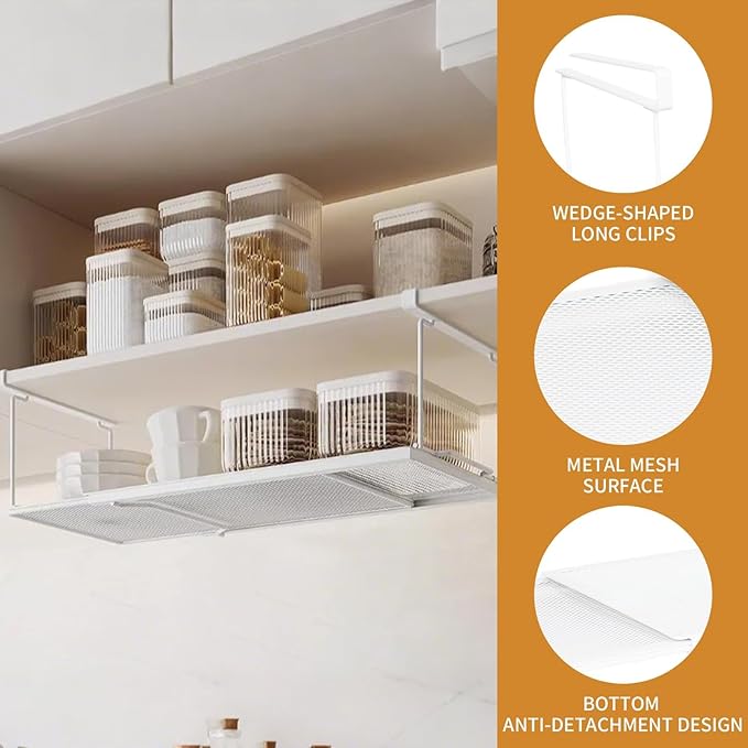 Expandable Hanging Under Shelf Storage Basket,Under Shelf Storage Basket Organizer,Under Hanging Baskets for Cabinet,Pantry, Desk Organization,8.27" D x 15.16"-27.76W x 7.68" H,White