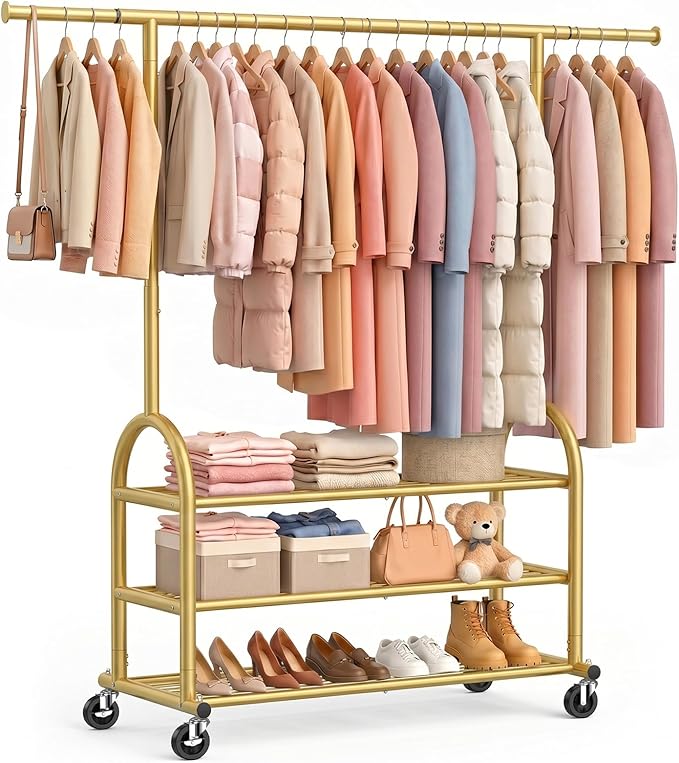 EAGMAK Heavy Duty Clothes Rack for Hanging Clothes Load 688 LBS, Height Adjustable Rolling Clothing Racks, Portable Metal Coat Rack Garment Wardrobe with Wheels and 3 Shelves for Bedroom, Gold
