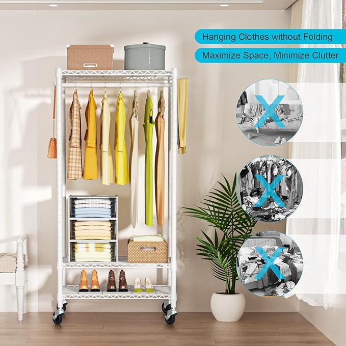 FUTASSI P3 Mini Rolling Clothes Rack, Clothing Racks for Hanging Clothes, Heavy Duty Garment Rack with Wheels, Freestanding Portable Closet Racks 23.6'' W x 14'' D x 78.5'' H, Max Load 430 Lbs, White
