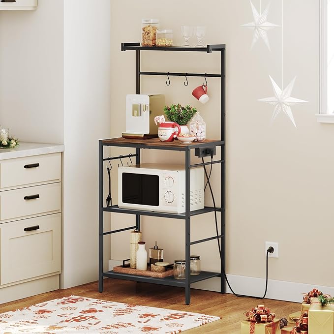 MAHANCRIS Bakers Rack with Power Outlet, Kitchen Storage Shelf with 6 Hooks, Microwave Stand with Storage, 4-Tier Coffee Bar Station, for Kitchen, Dining Room, Rustic Brown BRHR35E01