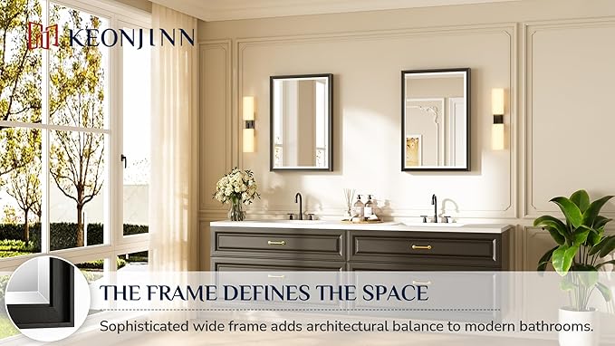 Keonjinn Black Bathroom Mirrors for Over Sink, 20" x 30" Black Framed Mirror for Wall, Tempered Glass Beveled Edge, Aluminum Alloy Frame, Shatterproof, Farmhouse Rectangular Bathroom Vanity Mirror
