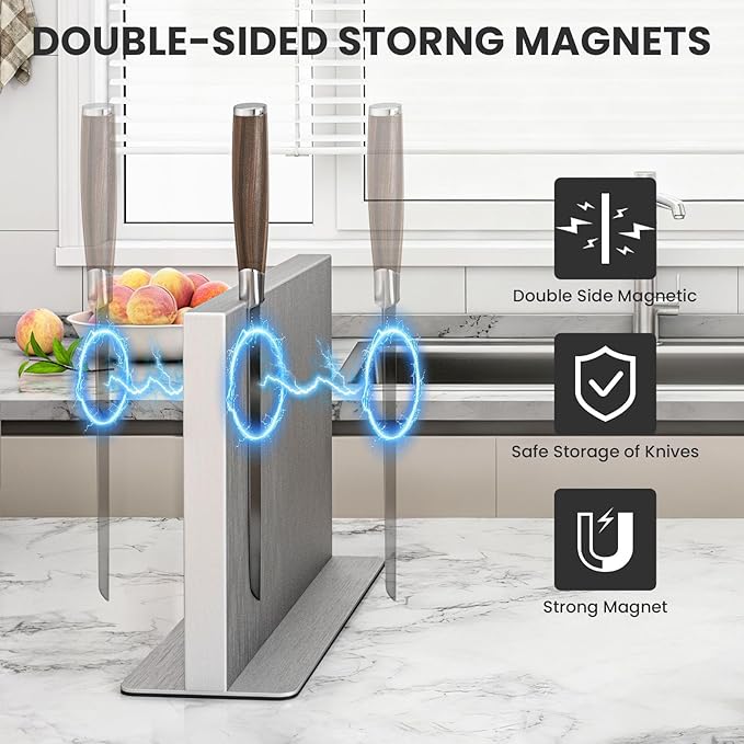 THMINS Magnetic Knife Block Stainless Steel Double-Sided Magnetic Knife Holder, Universal Multi-function Display Rack for Kitchen Counter