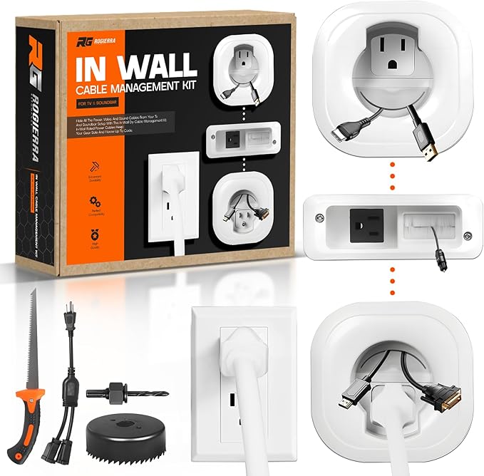 in-Wall Cable Management Kit - for TV & Soundbar - Cord Concealer & Power Kit with Circle Saw Drilling Attachment & Drywall Hand Saw, Hides All Cables & Powers Devices