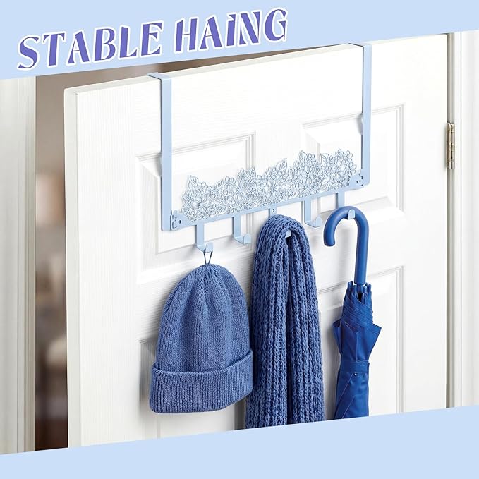 AceOrbit Blue Hydrangea Over The Door Hooks Wall Mount Towel Hanger Cute Door Holder Rack with 5 Hooks Hanging Towel, Coat Keys, Bags, Hats, Clothes for Bedroom Bathroom Kitchen Dorm Room Organizer