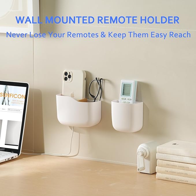 SUNFICON Wall Mount Remote Holder TV FAN Remote Control Holder Bedside Caddy Wall Organizer Phone Holder for Office Adhesive Media Player Controller Holder Box Tray Home Desk Nightstand White 6PACK