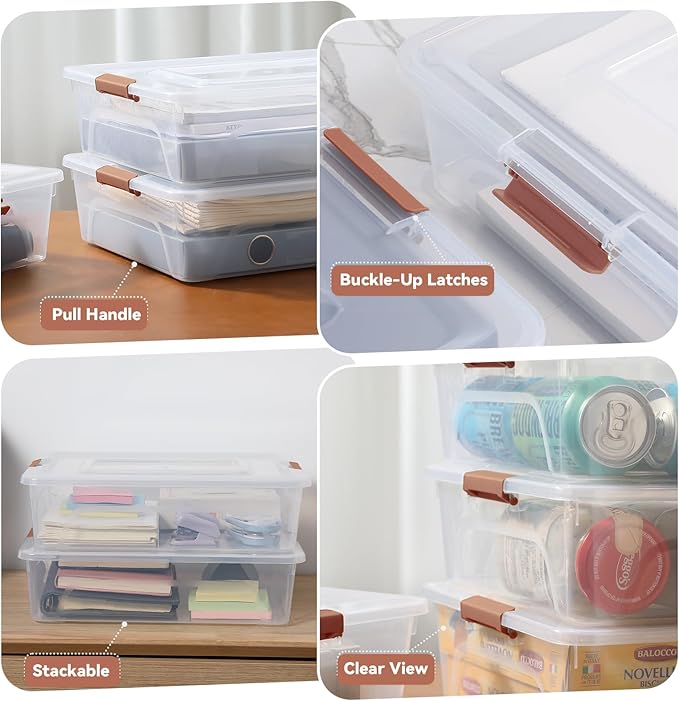 novelinks Clear Plastic Storage Bins with lids, Stackable Storage Containers, Durable Craft Storage Boxes, Organization Containers for Home Office (10 Quart 4 Pack Brown)