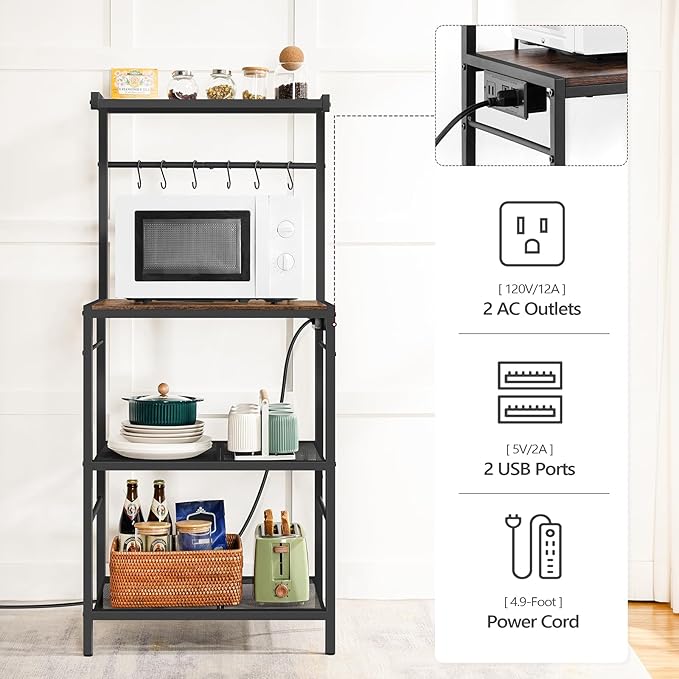 MAHANCRIS Bakers Rack with Power Outlet, Kitchen Storage Shelf with 6 Hooks, Microwave Stand with Storage, 4-Tier Coffee Bar Station, for Kitchen, Dining Room, Rustic Brown BRHR35E01