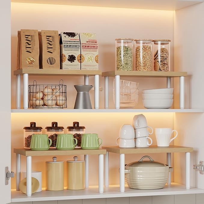 HOOBRO Cabinet Organizer Shelf, Set of 4, Kitchen Countertop Organizer, Kitchen Storage, Spice Rack for cabinet, Stackable, Expandable, for Countertop,kitchen,cabinet, White and Natural WN15TLP201