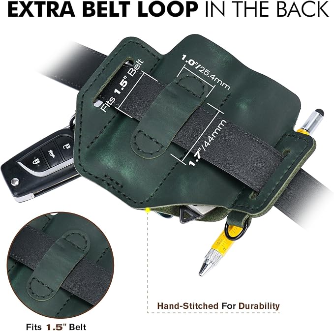 FLYHOMES Genuine Leather Multitool Sheath | Handmade Stitched EDC Belt Organizer for Leatherman Surge | Flashlight, Knife Holster, Pen & Tools Pouch | Dark Green (Large)