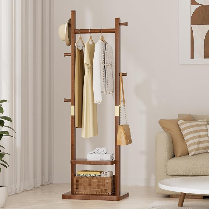 Taitiy Solid Wood Coat Rack, Freestanding Clothing Rack with 2 Shelves Storage & 5 Hooks, Heavy Duty Clothes Rack Stand for Hall, Bedroom, Living Room