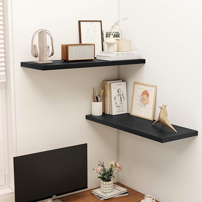 Dreamland 36" Floating Shelves for Wall, 12" Deep Slim Black Floating Shelves,Wall-Mounted Shelves for Bedroom, Living Room, Kitchen, Bathroom - Set of 2