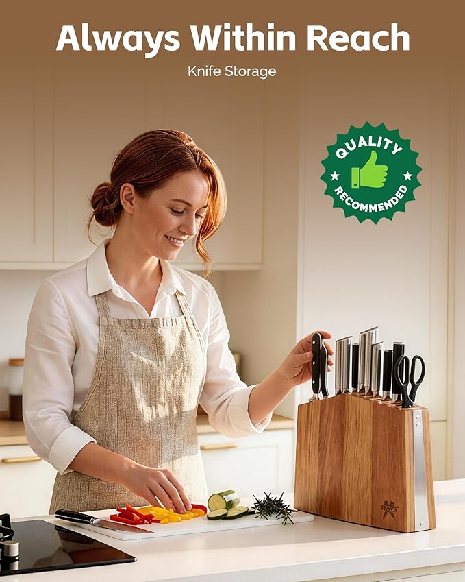 RAVS Universal Knife Block Without Knives, Acacia Wood Universal Knife Holder for Countertop, Kitchen Knife Storage Organizer with Slots for Scissors and Sharpening Rod, 22-Slot Large Capacity