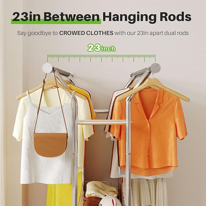 HOKEEPER Heavy Duty Clothes Rack Load 635 LBS, Clothing Rack for Hanging Clothes Adjustable Rolling Garment Rack with Wheels for Bedroom, Living Room (Double Rod with Metal Basket)