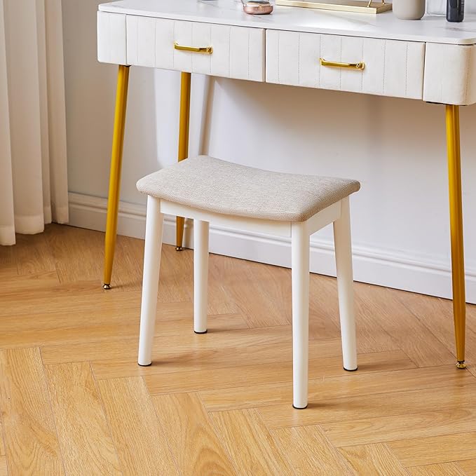 IBUYKE Saddle Cushion Vanity Stool Chair, Foot Rest Stool with Solid Wood Legs, Modern Vanity Bench Ottoman for Piano, Upholstered Seat for Bedroom, Entryway, White Legs&Light Linen WBD007WY